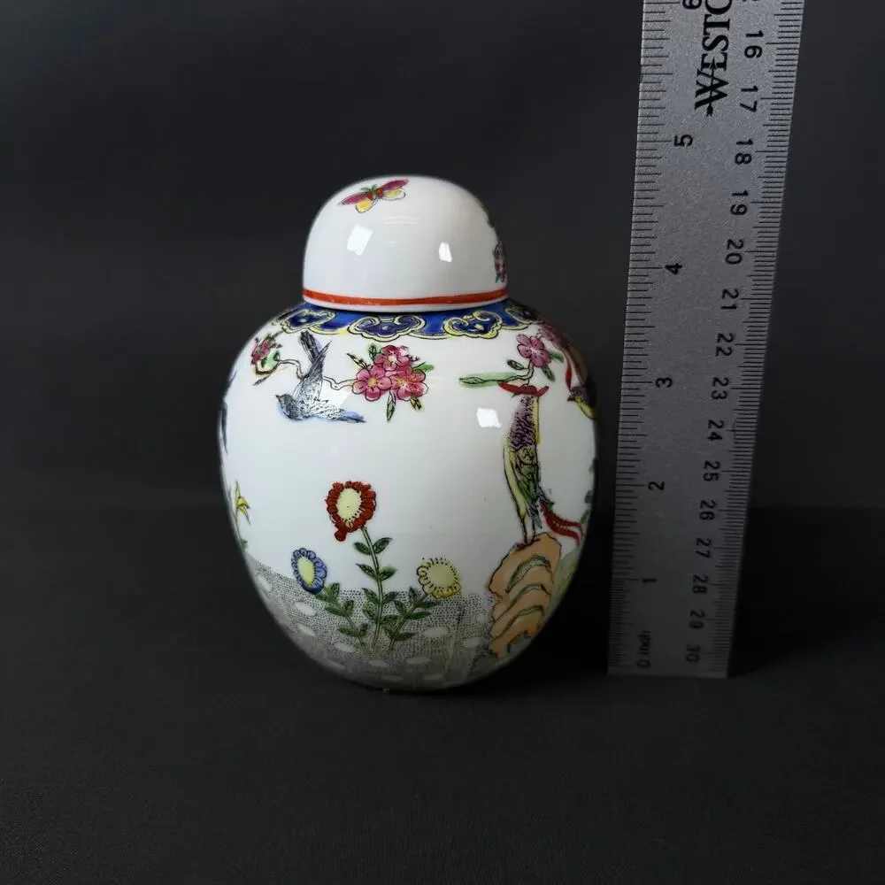 Oriental Lidded Porcelain Vase Hand Painted Decoration Flowers bird 5